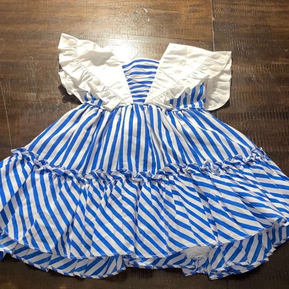 Vintage Martha’s Minatures We’re fussy Blue and White Striped Kids dress T2